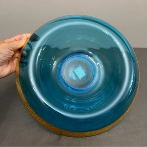 VTG Blue Depression Glass Console Dish W/ Gold Trim 11x3”